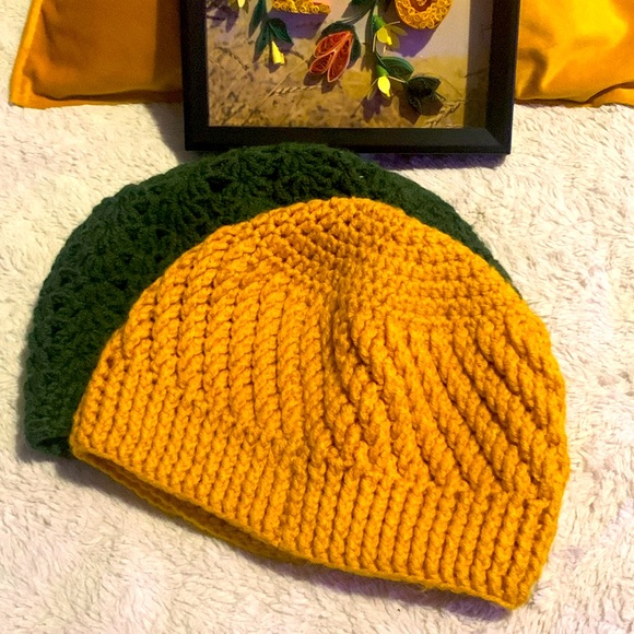 Accessories - 2 BOHO CROCHETED BEANIES GREEN AND GOLD
